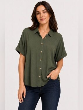 Bobeau Olive Green Oversized Button-Up Blouse | Luxe Rayon Draped Top
